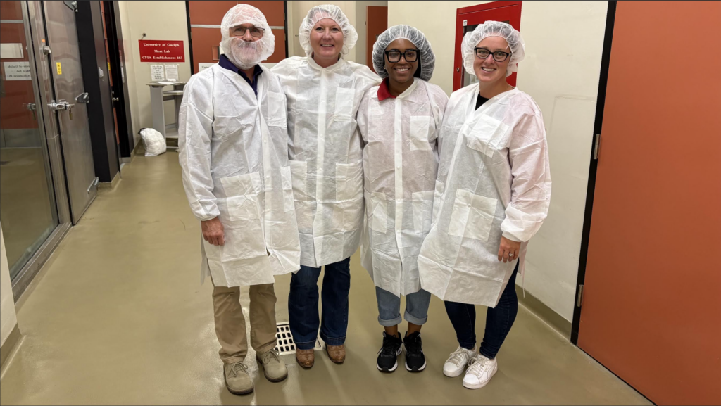 Touring the University of Guelph’s Meat Lab and pictured from left to right are FAI personnel Dennis Duncan, Joy Morgan, and Mikayla Daniels, alongside Christine Baes, Dean of External Relations at U of G, whose support was instrumental in making this study tour possible.